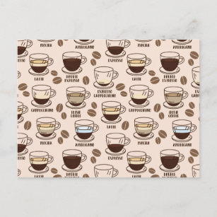 Pattern of different coffee drinks in a cafe postcard