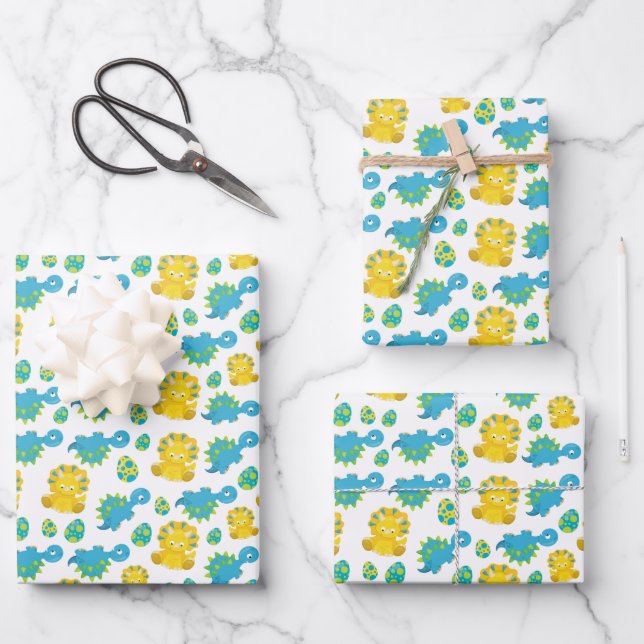 Pattern Of Dinosaurs, Cute Dinosaurs, Baby Dino Wrapping Paper Sheets (Front)