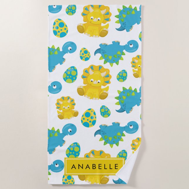 Pattern Of Dinosaurs, Cute Dinosaurs, Your Name Beach Towel (Front)
