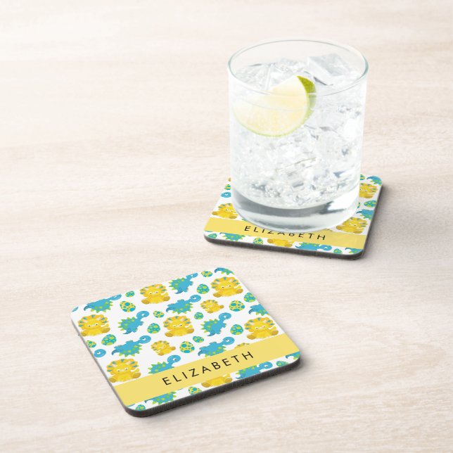 Pattern Of Dinosaurs, Cute Dinosaurs, Your Name Beverage Coaster (Right Side)