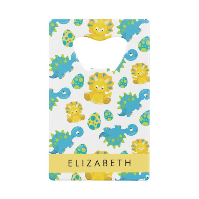 Pattern Of Dinosaurs, Cute Dinosaurs, Your Name Credit Card Bottle Opener (Front)