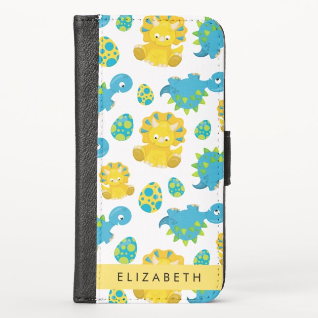 Pattern Of Dinosaurs, Cute Dinosaurs, Your Name iPhone Wallet Case (Front)