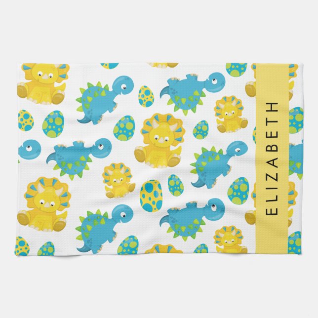 Pattern Of Dinosaurs, Cute Dinosaurs, Your Name Kitchen Towel (Horizontal)