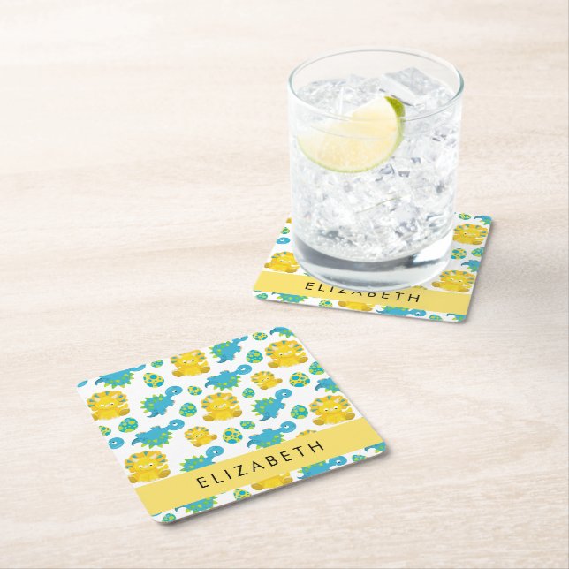 Pattern Of Dinosaurs, Cute Dinosaurs, Your Name Square Paper Coaster (Insitu)