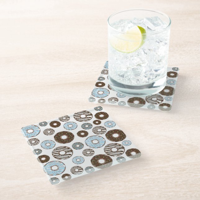 Pattern Of Donuts, Blue Donuts, Brown Donuts Glass Coaster (Angled)