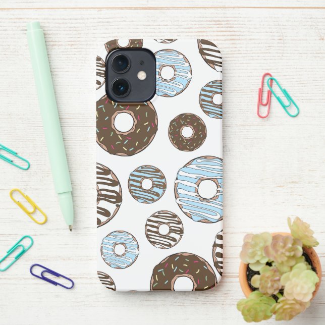 Pattern Of Donuts, Blue Donuts, Brown Donuts iPhone Case (On Desk)