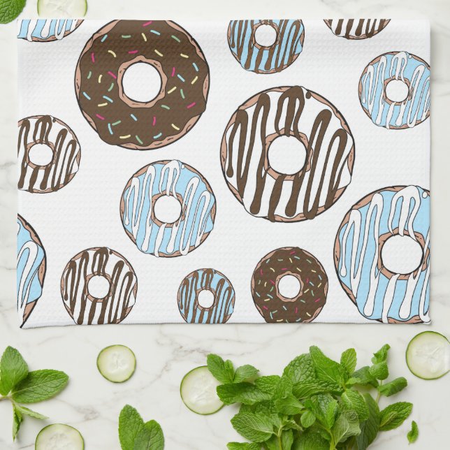 Pattern Of Donuts, Blue Donuts, Brown Donuts Kitchen Towel (Folded)