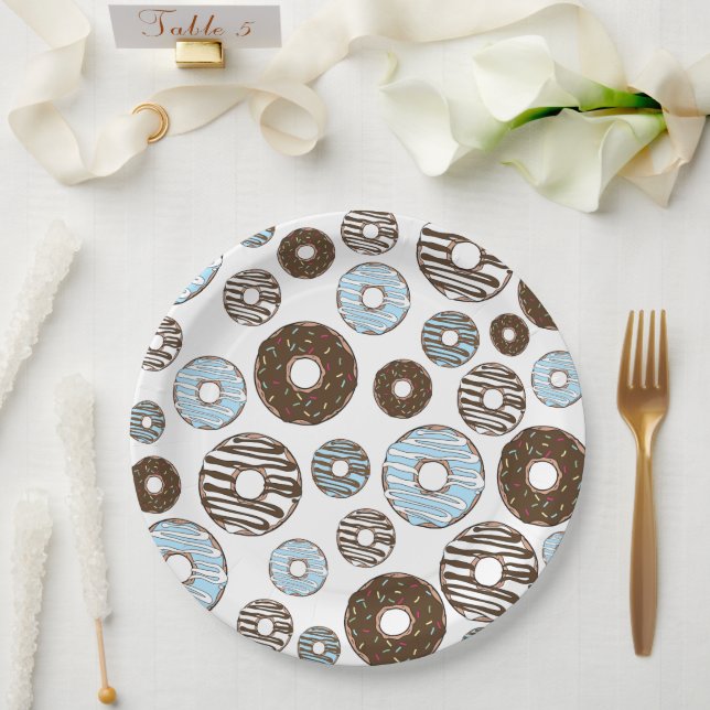 Pattern Of Donuts, Blue Donuts, Brown Donuts Paper Plates (Wedding)