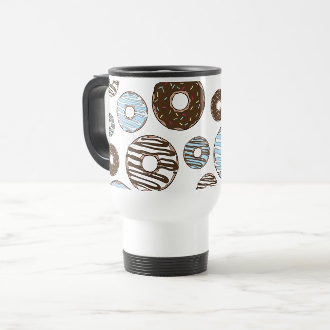 Pattern Of Donuts, Blue Donuts, Brown Donuts Travel Mug (Front Left)