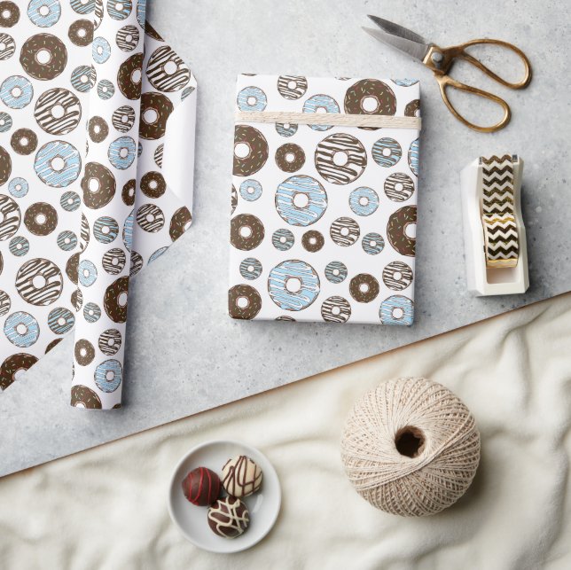 Pattern Of Donuts, Blue Donuts, Brown Donuts Wrapping Paper (Crafts)