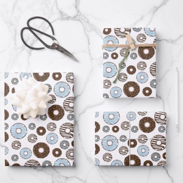 Pattern Of Donuts, Blue Donuts, Brown Donuts Wrapping Paper Sheets (Front)