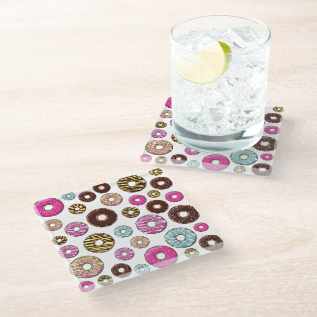 Pattern Of Donuts, Colorful Donuts, Sprinkles Glass Coaster (Angled)