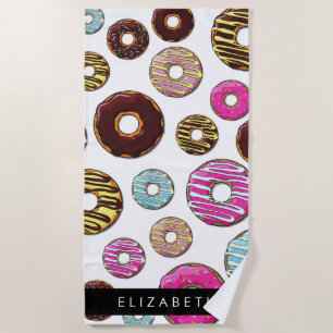 Pattern Of Donuts, Colorful Donuts, Your Name Beach Towel