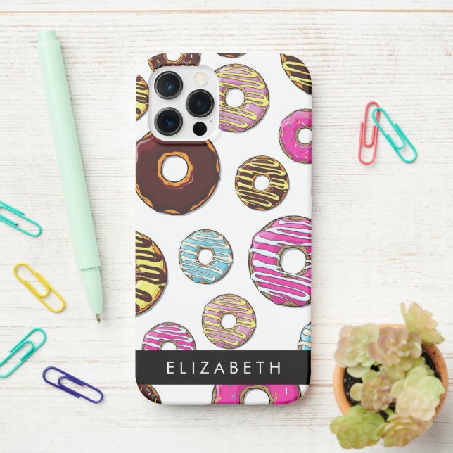 Pattern Of Donuts, Colorful Donuts, Your Name iPhone Case (On Desk)