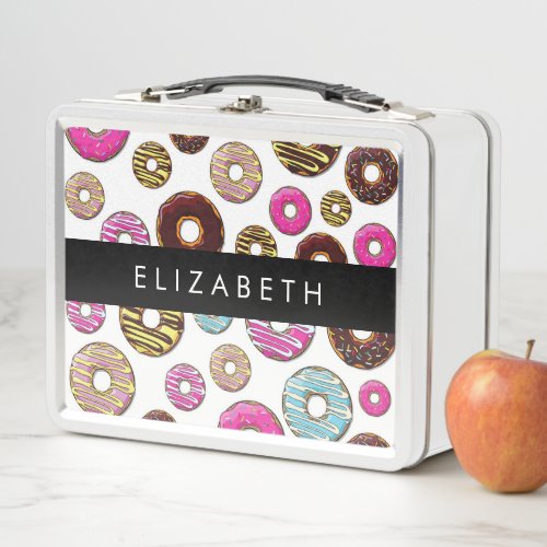 Pattern Of Donuts Colorful Donuts Your Name Metal Lunch Box