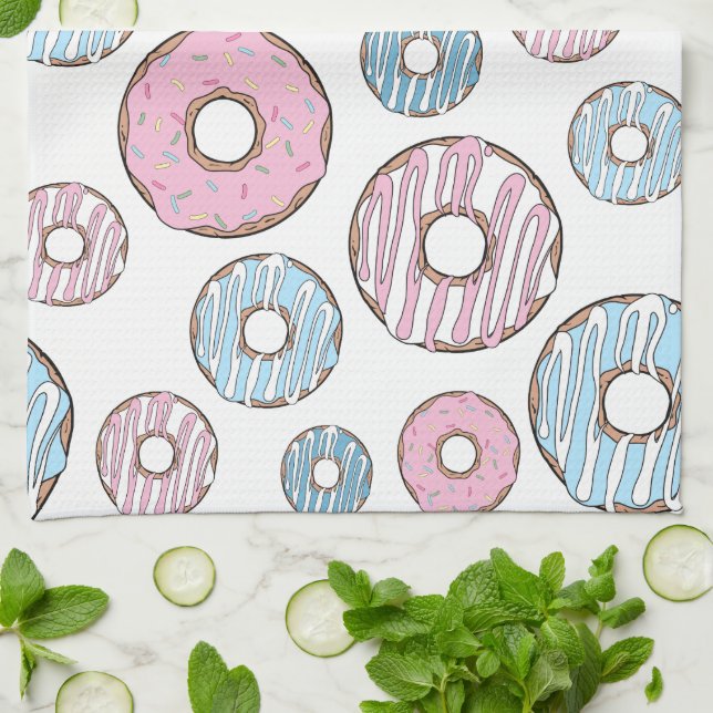 Pattern Of Donuts, Pink Donuts, Blue Donuts Kitchen Towel (Folded)