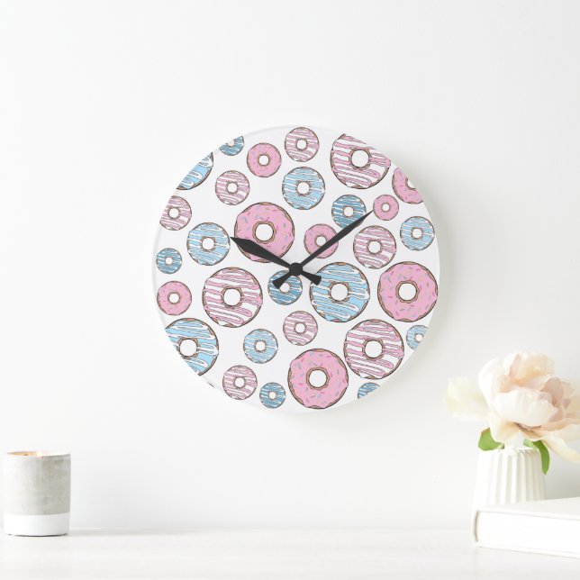 Pattern Of Donuts, Pink Donuts, Blue Donuts Large Clock (Home)