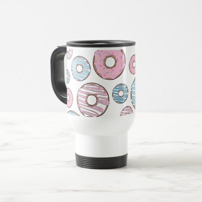 Pattern Of Donuts, Pink Donuts, Blue Donuts Travel Mug (Front Left)
