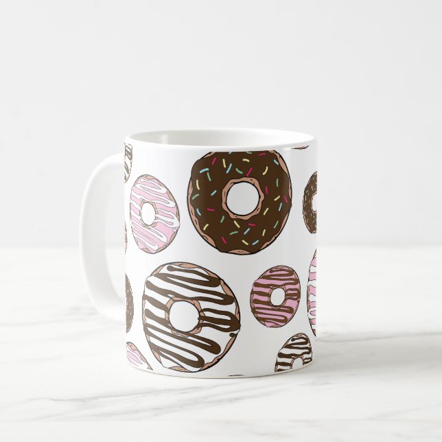Pattern Of Donuts, Pink Donuts, Brown Donuts Coffee Mug (Front Left)