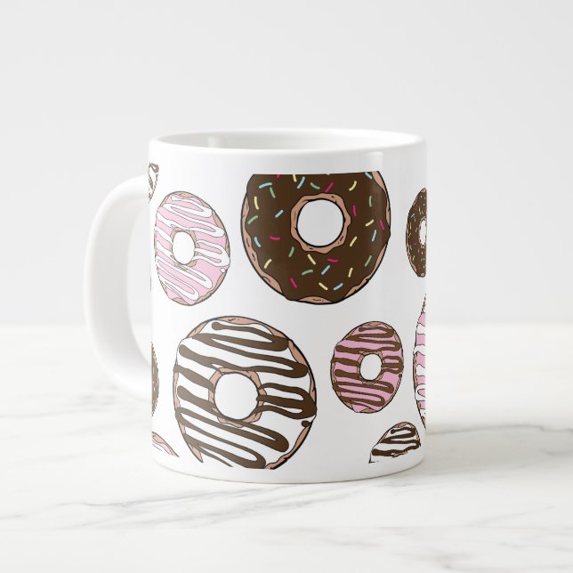 Pattern Of Donuts, Pink Donuts, Brown Donuts Giant Coffee Mug (Front Left)