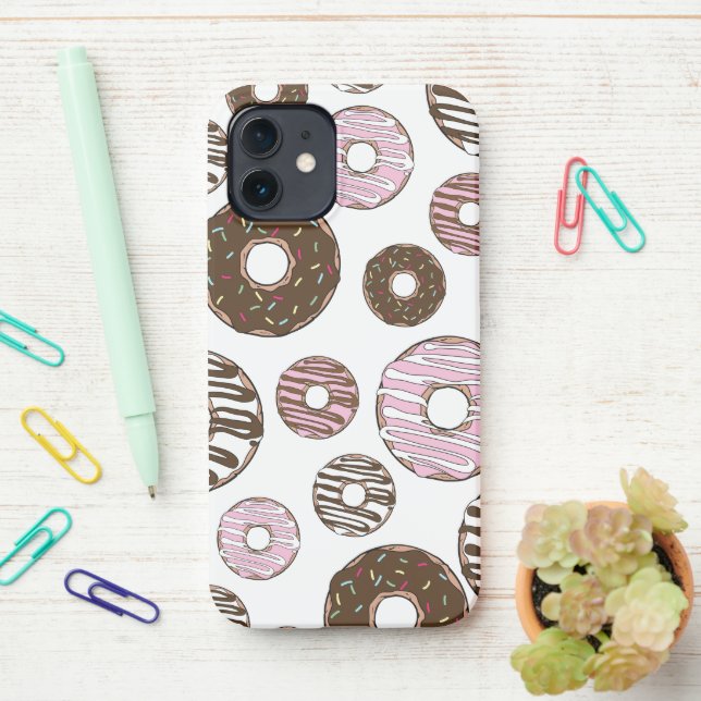 Pattern Of Donuts, Pink Donuts, Brown Donuts iPhone Case (On Desk)