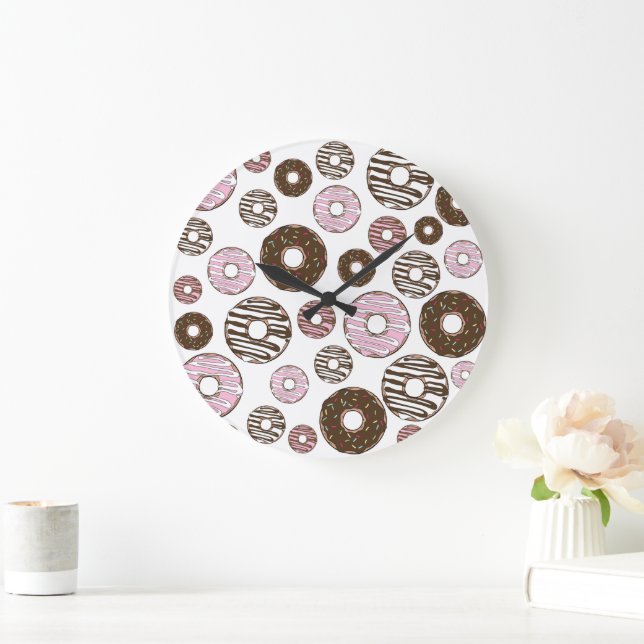 Pattern Of Donuts, Pink Donuts, Brown Donuts Large Clock (Home)
