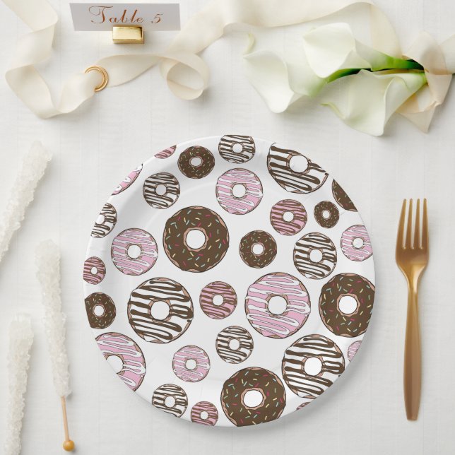 Pattern Of Donuts, Pink Donuts, Brown Donuts Paper Plates (Wedding)