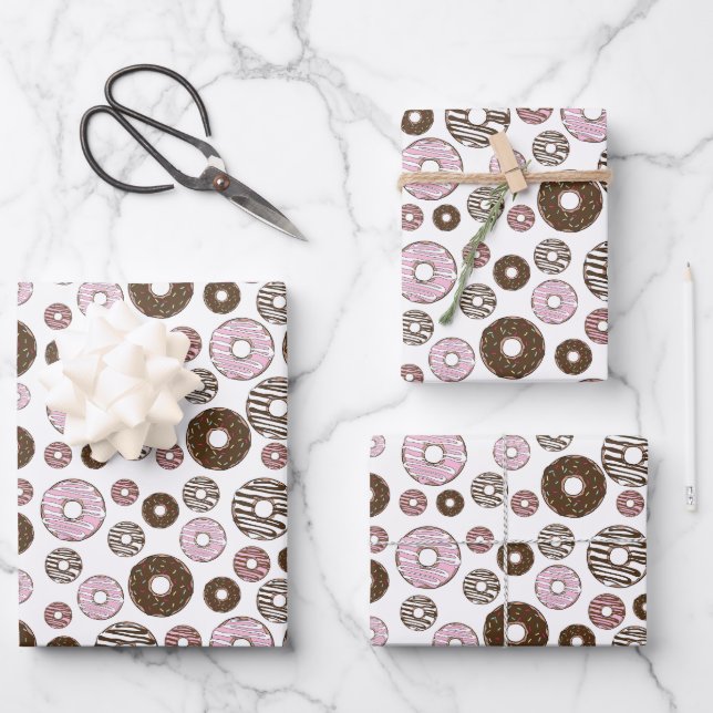 Pattern Of Donuts, Pink Donuts, Brown Donuts Wrapping Paper Sheets (Front)