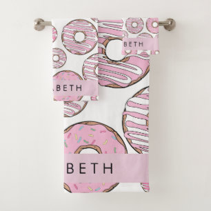Pattern Of Donuts, Pink Donuts, Icing, Your Name Bath Towel Set