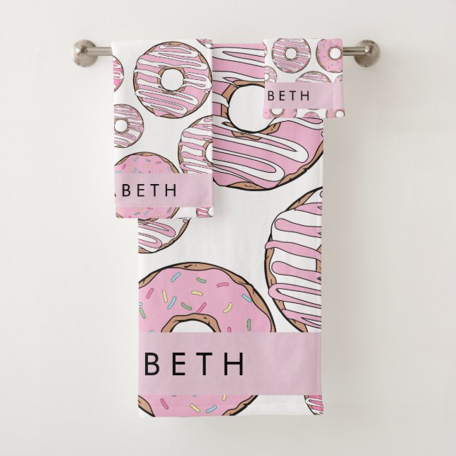 Pattern Of Donuts, Pink Donuts, Icing, Your Name Bath Towel Set (Insitu)
