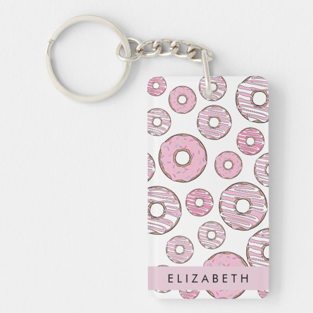 Pattern Of Donuts, Pink Donuts, Icing, Your Name Keychain (Front)