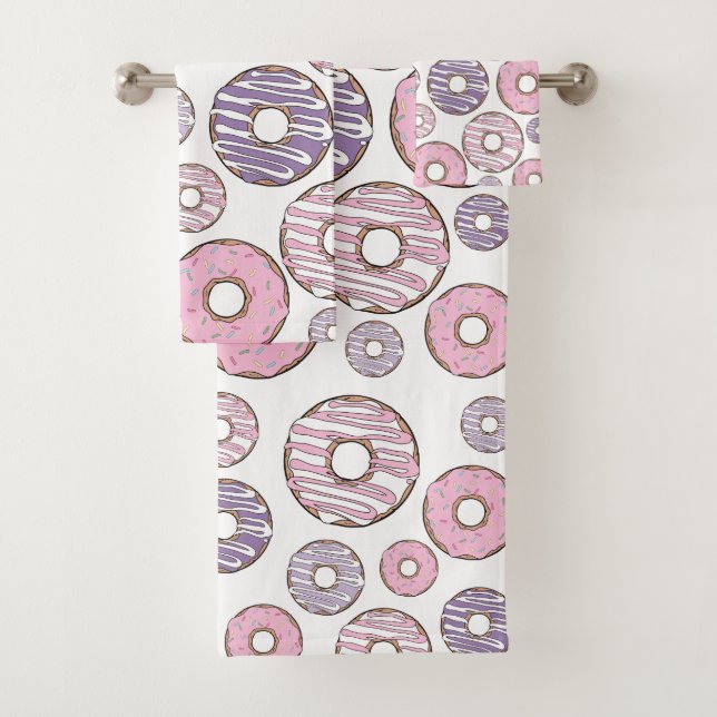 Pattern Of Donuts, Pink Donuts, Purple Donuts Bath Towel Set (Insitu)
