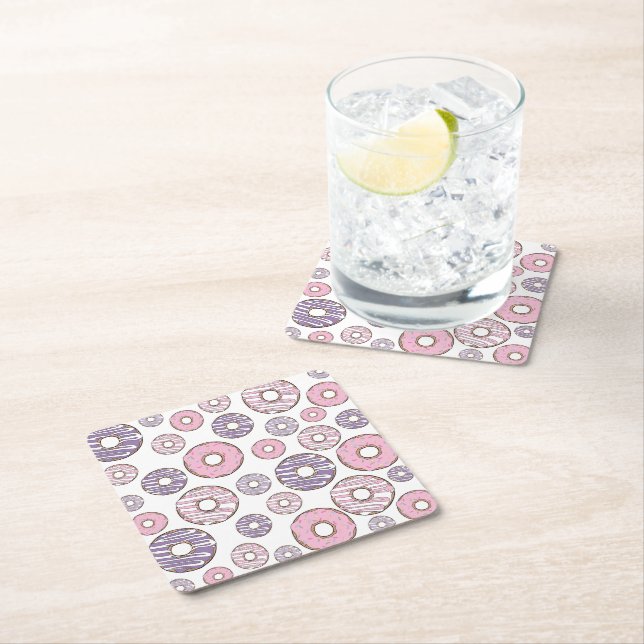 Pattern Of Donuts, Pink Donuts, Purple Donuts Square Paper Coaster (Insitu)