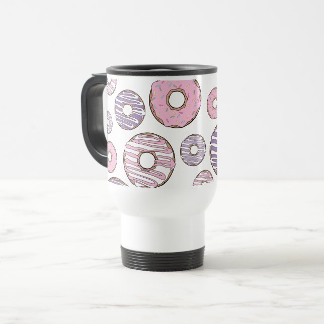 Pattern Of Donuts, Pink Donuts, Purple Donuts Travel Mug (Front Left)