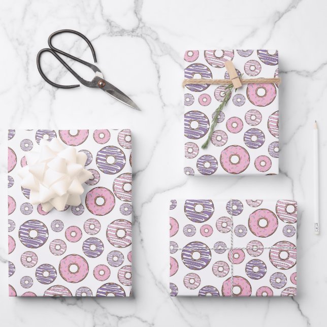 Pattern Of Donuts, Pink Donuts, Purple Donuts Wrapping Paper Sheets (Front)