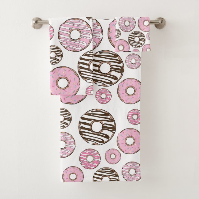 Pattern Of Donuts, Pink Donuts, White Donuts Bath Towel Set (Insitu)