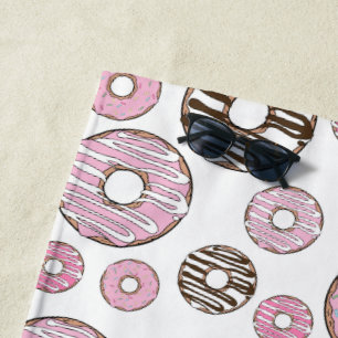 Pattern Of Donuts, Pink Donuts, White Donuts Beach Towel