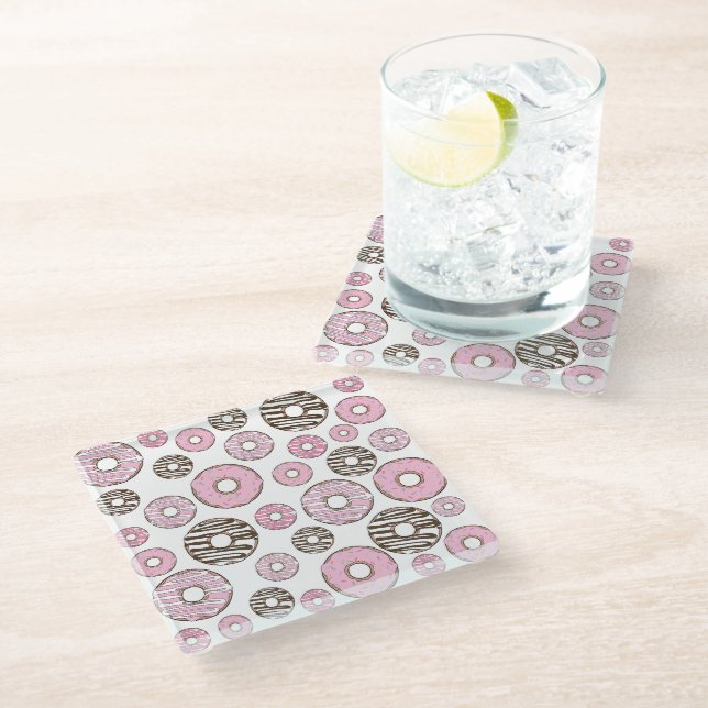 Pattern Of Donuts, Pink Donuts, White Donuts Glass Coaster (Angled)