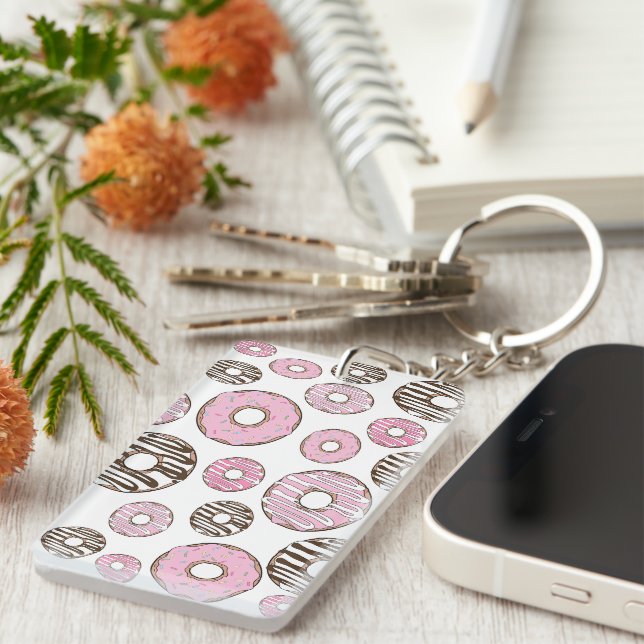 Pattern Of Donuts, Pink Donuts, White Donuts Keychain (Front Right)