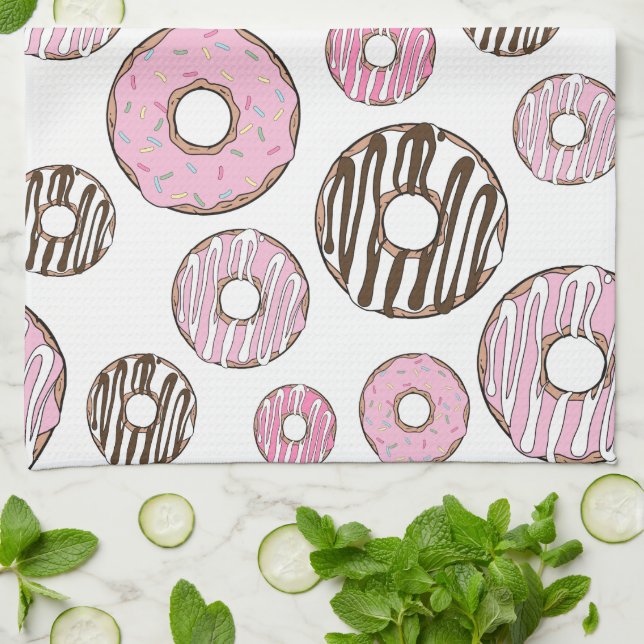 Pattern Of Donuts, Pink Donuts, White Donuts Kitchen Towel (Folded)