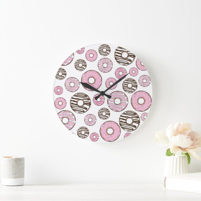 Pattern Of Donuts, Pink Donuts, White Donuts Large Clock (Home)