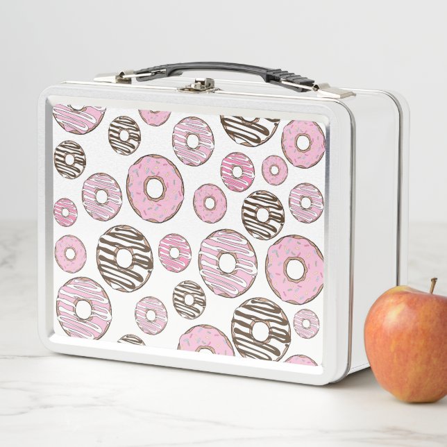 Pattern Of Donuts, Pink Donuts, White Donuts Metal Lunch Box (In Situ)