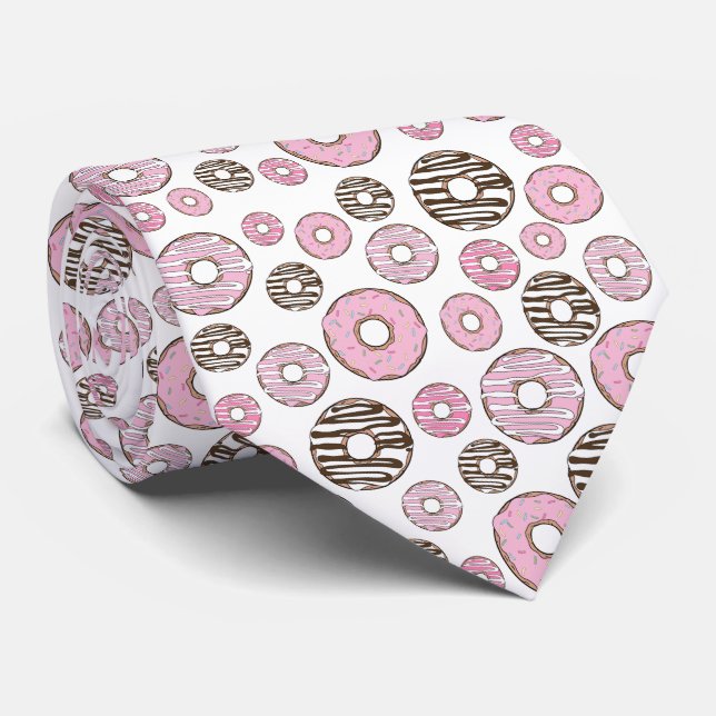 Pattern Of Donuts, Pink Donuts, White Donuts Neck Tie (Rolled)