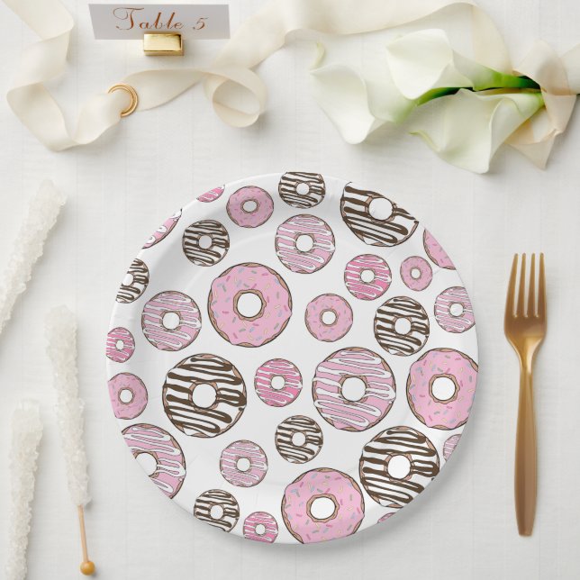 Pattern Of Donuts, Pink Donuts, White Donuts Paper Plates (Wedding)