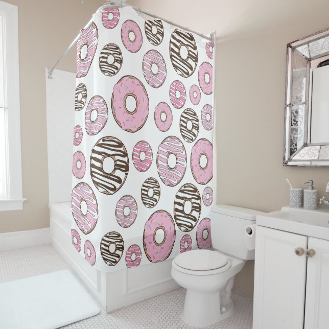 Pattern Of Donuts, Pink Donuts, White Donuts Shower Curtain (In Situ)