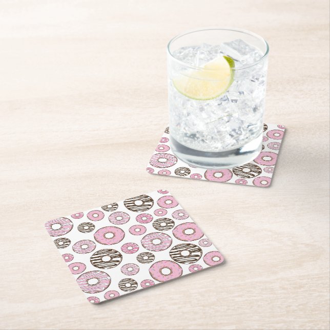 Pattern Of Donuts, Pink Donuts, White Donuts Square Paper Coaster (Insitu)