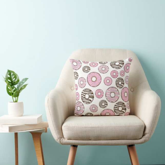 Pattern Of Donuts, Pink Donuts, White Donuts Throw Pillow (Chair)