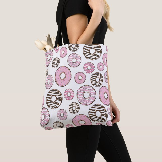Pattern Of Donuts, Pink Donuts, White Donuts Tote Bag (Close Up)