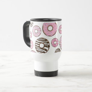 Pattern Of Donuts, Pink Donuts, White Donuts Travel Mug