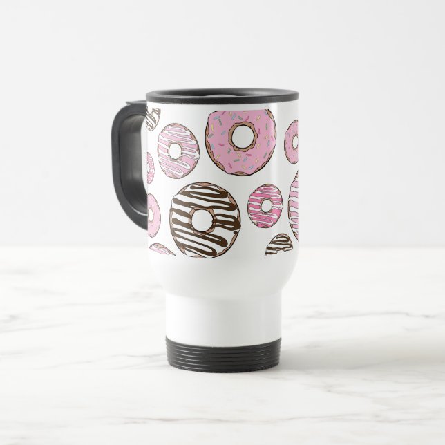 Pattern Of Donuts, Pink Donuts, White Donuts Travel Mug (Front Left)